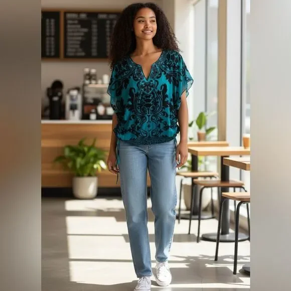 Hale Bob Blue Dolman Sleeve Graphic Blouse - Picture 2 of 8